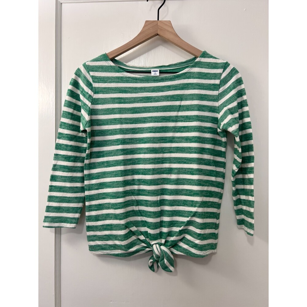 Old Navy Women's Green Stripe 3/4 Sleeve Tie Front Top Size XS *Stain*